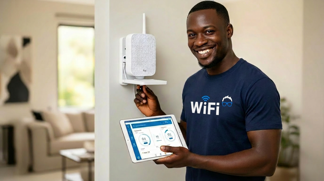 Professional WiFi router with glowing antennas
